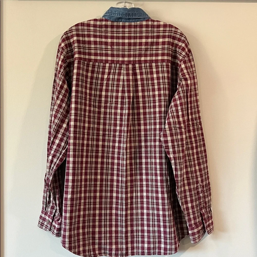 Wrangler Rugged Wear‎ - Maroon, Beige Plaid Shirt, Chambray Accents, L
